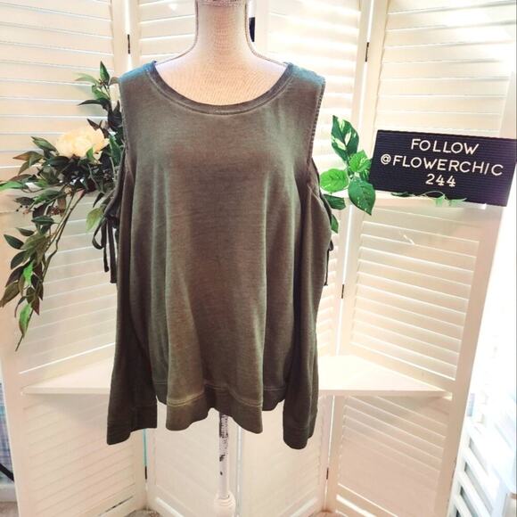 SANCTUARY COLD SHOULDER DISTRESSED SWEATERSHIRT WITH TIES SIZE 2X - Picture 1 of 9